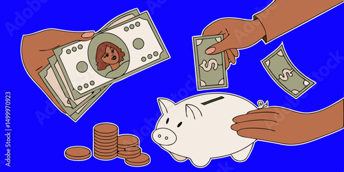Vintage Pop Art Money Collage with Dollar Hands, Piggy Bank, Coins and Halftone Cutouts – Retro Financial Mixed Media Illustration – Generative AI