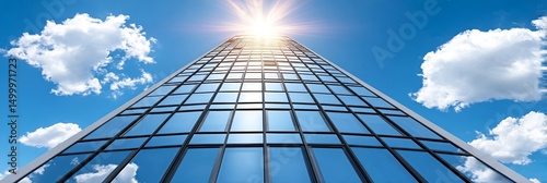 Skyscraper Reaching for the Sun - A modern glass skyscraper ascends towards a bright sun, symbolizing ambition, success, growth, innovation, and reaching new heights