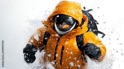 Penguin wearing sunglasses and yellow jacket strides through snow with a backpack, creating a dynamic winter image.