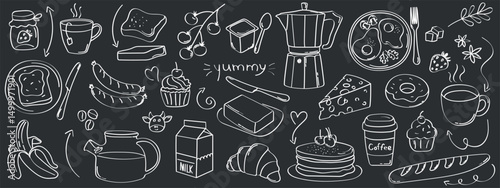 Large vector illustration in hand drawn chalkboard style, breakfast and food items, coffee, milk, toast, cheese, jam, muffin and more. Perfect for morning and brunch themed designs.