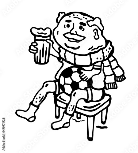 
Black and white vector illustration of an old fan with beer, ball and scarf on a white isolated background