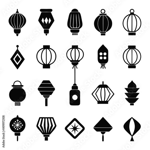 Collection of Asian Lantern Icons Black Silhouette
