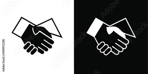 Vector illustration of abstract black and white cards with red hearts, featuring a handshake icon symbolizing business partnership and success