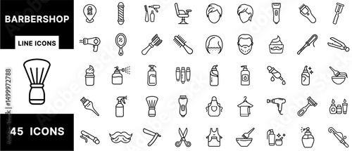 Barbershop Line Icons Set – Haircut Tools, Grooming, Shaving, Styling, Beard Care, Clippers, Scissors, Hair Products, Salon Equipment, Beauty Icons Pack