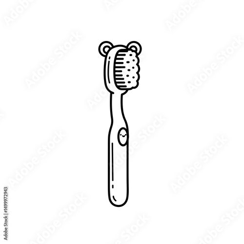 Cute bear-shaped toothbrush with soft bristles for children. Black and white minimalist icon, editable SVG.