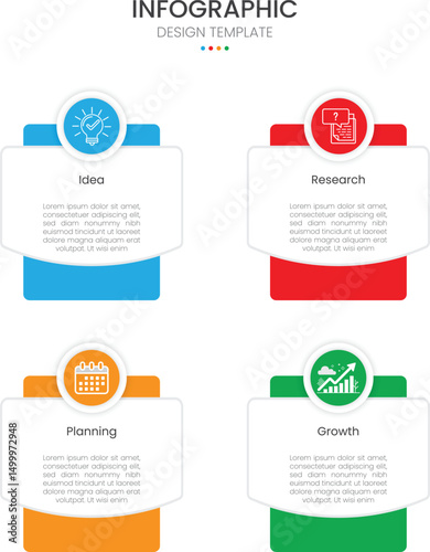 Business infographic design template with 4 steps or options. Ideal for workflow layouts, annual reports, diagrams, and web design