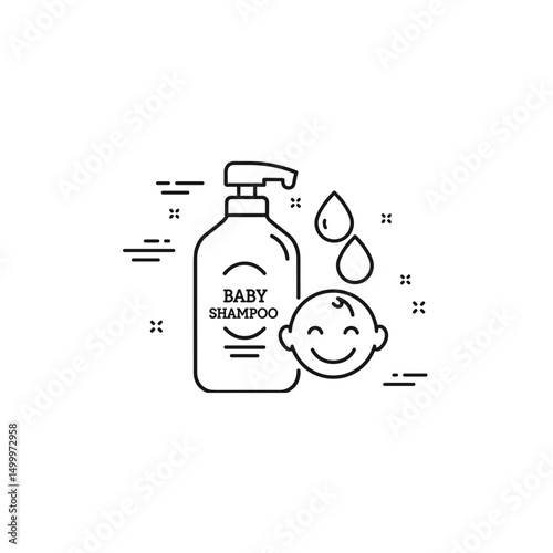 Baby shampoo bottle with smiling baby face and water droplets. Black and white minimalist icon, editable SVG.