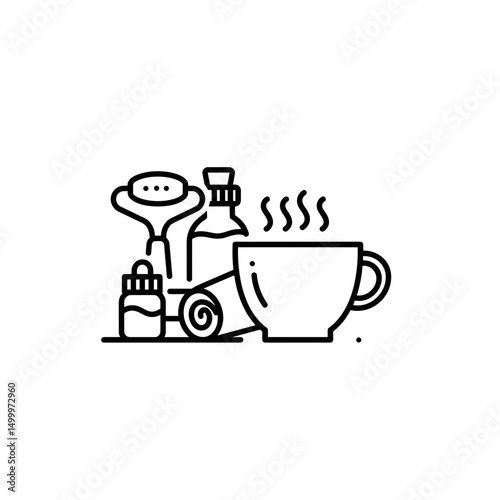 Line art of steaming coffee cup with various bottles and spa tools. Black and white minimalist icon, editable SVG.