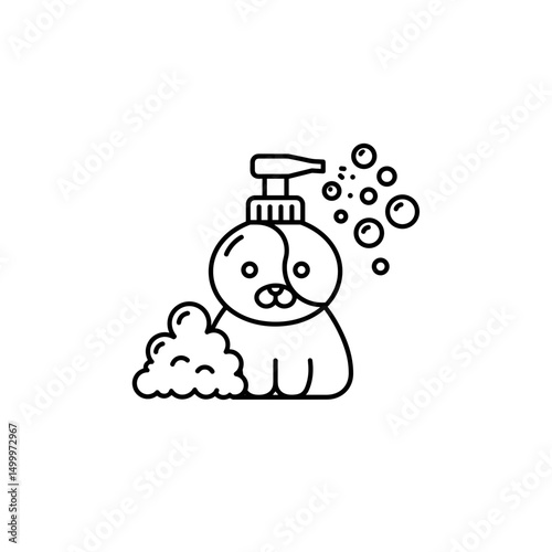 Baby shampoo bottle in the form of a dog with soap bubbles. Black and white minimalist icon, editable SVG.
