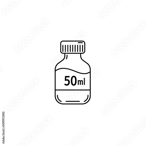 Line drawing of a 50ml medicine bottle with a cap  . Black and white minimalist icon, editable SVG.