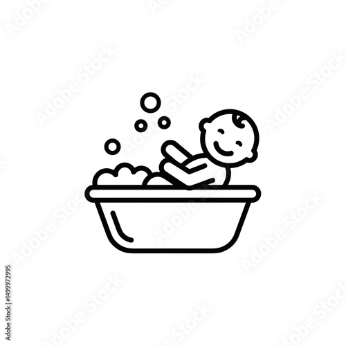Happy baby enjoying a bath with bubbles in a bathtub. Black and white minimalist icon, editable SVG.