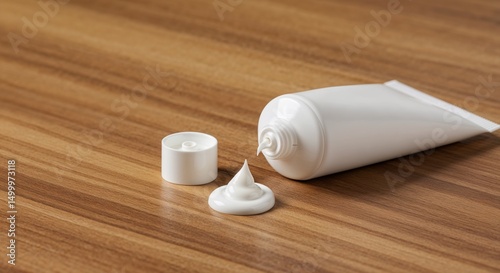 White anti-inflammatory cream tube with cap and lotion on wooden table  