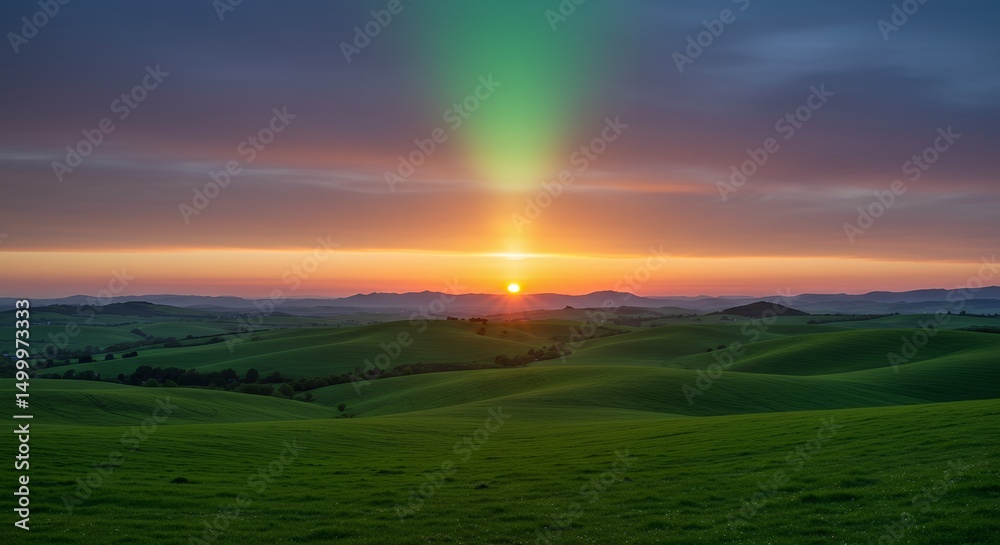 Fototapeta premium Sunset Over Rolling Hills and Green Landscape