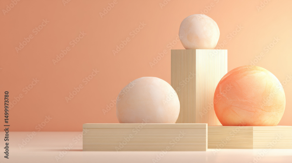 Fototapeta premium A serene mockup scene showing three distinct-sized geometric shapes in asymmetrical balance, illustrated in soft peach tones with fine linear outlines and smooth shading.