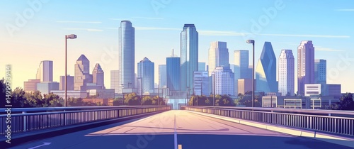 Cartoon cityscape with skyscrapers, modern buildings and empty bridge overpass leading to downtown, sunny sky in blue and purple tones, urban connection concept