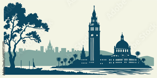 Oakland skyline silhouette vector with Tribune Tower, Lake Merritt, and Bay Area backdrop. Designed for urban, West Coast-themed artwork.