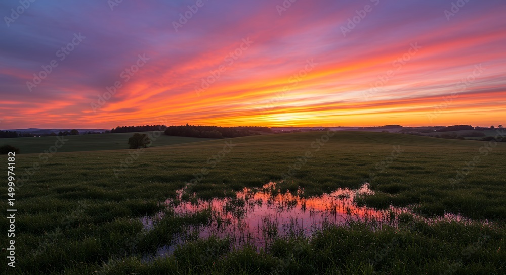 Obraz premium Sunset Over Field and Water Reflecting the Colorful Sky