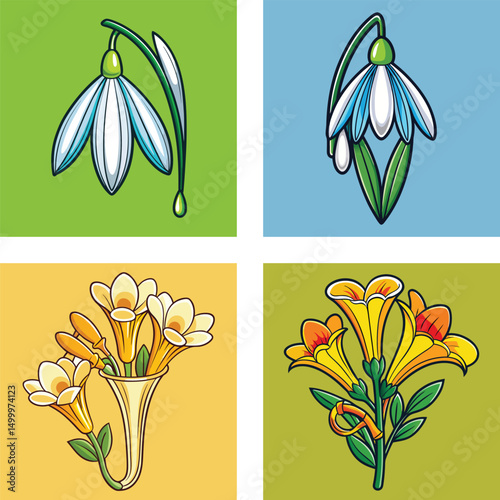 Cartoon Floral Background With Spring Snowdrops And Trumpet Flowers In Vector Format