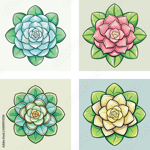 Four Succulent Plants Colored Vector Illustration For Backgrounds And Designs