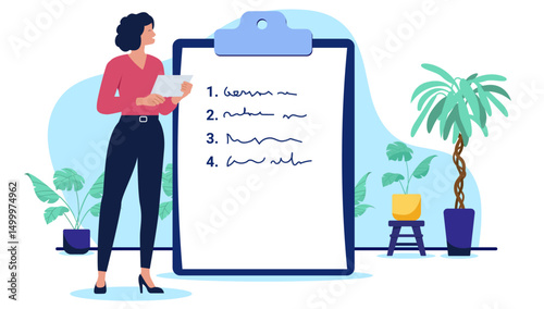 Woman with to do list - Businesswoman person standing with clipboard and numbered list of notes, planning and working. Flat design vector illustration on white background