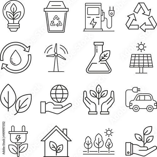 Sustainability Icons Set with Renewable Energy and Eco-Friendly Symbols for Graphic Design