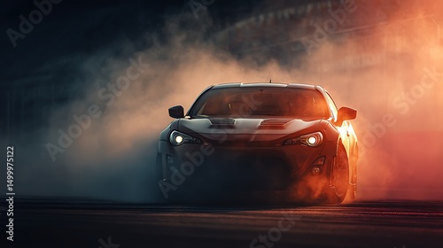 Generic sports car performing burnout or drifting on racing track with smoke and heat as wide banner with copy space area -