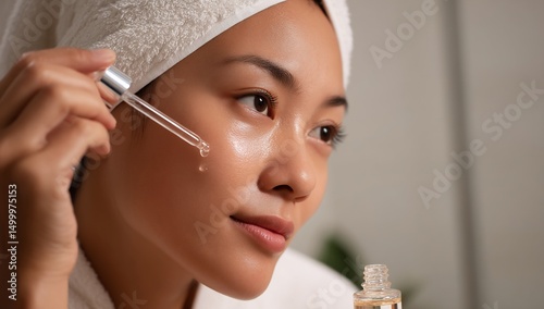 Close-up of woman applying facial serum