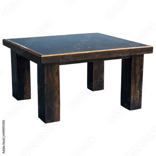 Modern wooden end table with a dark finish illuminated by soft ethereal lighting
