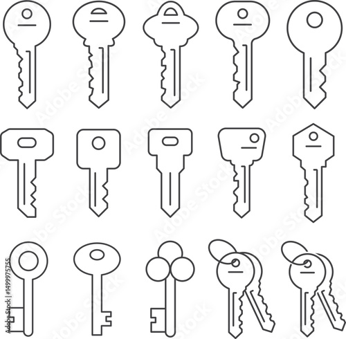 Key outline icon set. Editable Stroke key icons.