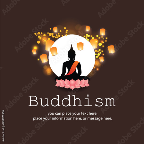 Shadow buddha sitting on a lotus for social media posts behind the moon, floating lanterns vector illustration background - Buddhism Magha Puja, Asanha Puja, Vesak Puja Day, Thailand culture