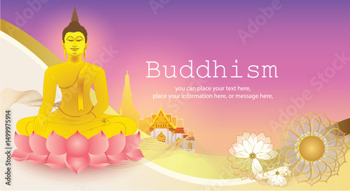 Buddha sitting on a lotus for social media posts vector illustration background - Buddhism Magha Puja, Asanha Puja, Vesak Puja Day, Thailand culture