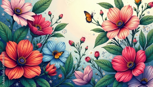 Wallpaper Mural Intricate line art blooming flowers, continuous background , art, retro Torontodigital.ca