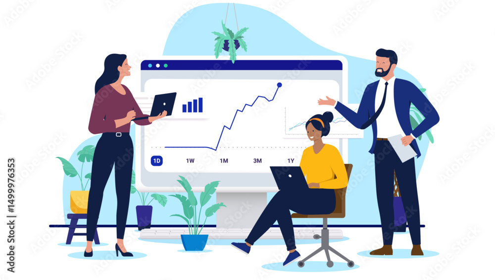 Businesspeople with rising chart - Group or team of people working and looking at growth graph rising upwards towards profits and success. Flat design vector illustration on white background Businesspeople with rising chart - Group or team of people working and looking at growth graph rising upwards towards profits and success. Flat design vector illustration on white background