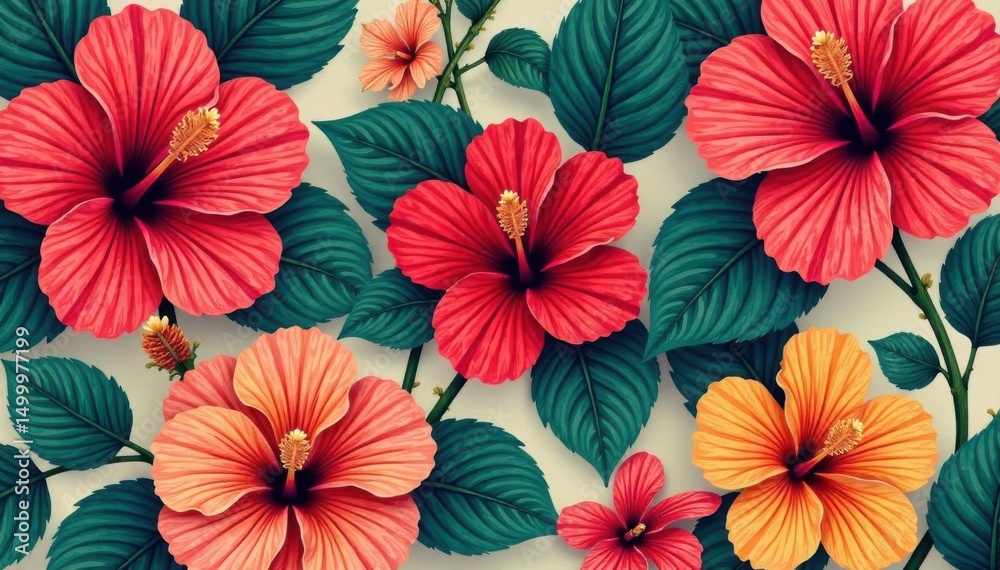 custom made wallpaper toronto digitalBold hibiscus motif, repeating design, diverse colors , Hibiscus flower, floral pattern, digital art