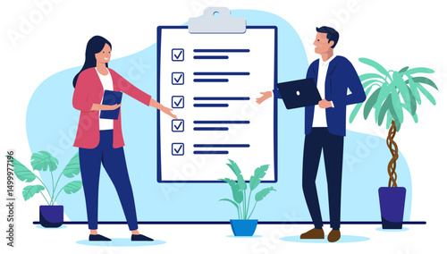 Work task checklist - Businesspeople working efficiently, finishing and completing list of tasks checking boxes and smiling. Flat design vector illustration on white background