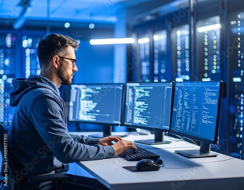Moderner IT-Spezialist bei der Arbeit in einem technisch ausgestatteten Büro,