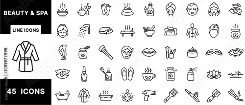 Beauty and Spa Line Icons Set – Skincare, Massage, Aromatherapy, Facial Treatment, Relaxation, Body Care, Wellness, Cosmetics, Self-Care, Spa Products