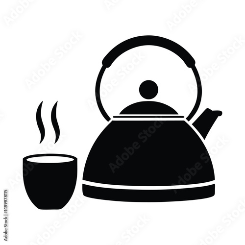 Minimalist Black & White Tea Scene, Kettle and Teapot with Steam