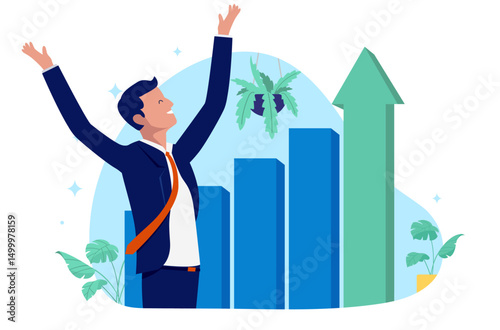 Happy successful businessman - White collar office worker person with hands in air celebrating growth, success and financial achievement. Flat design vector illustration on white background
