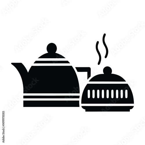 Minimalist Black & White Tea Scene, Kettle and Teapot with Steam