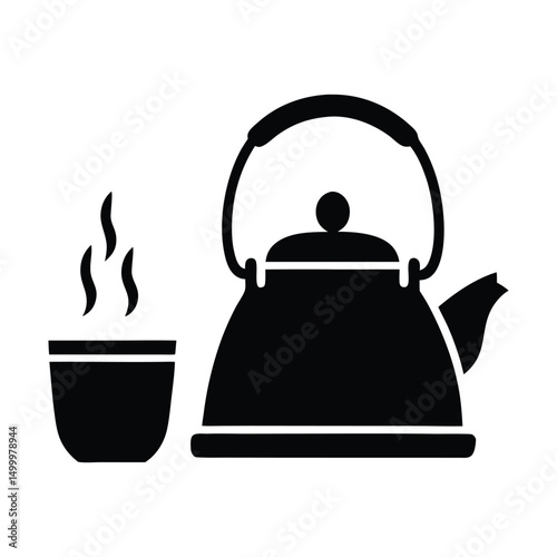 Minimalist Black & White Tea Scene, Kettle and Teapot with Steam