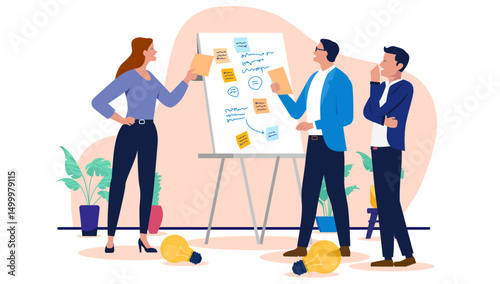 People working on flip-chart  - Business team or group brainstorming in workshop using scribbles and sticky notes working on project and solving problems together. Flat design vector illustration