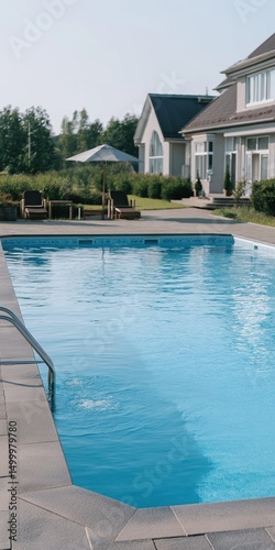 Tranquil backyard pool near modern house with umbrella