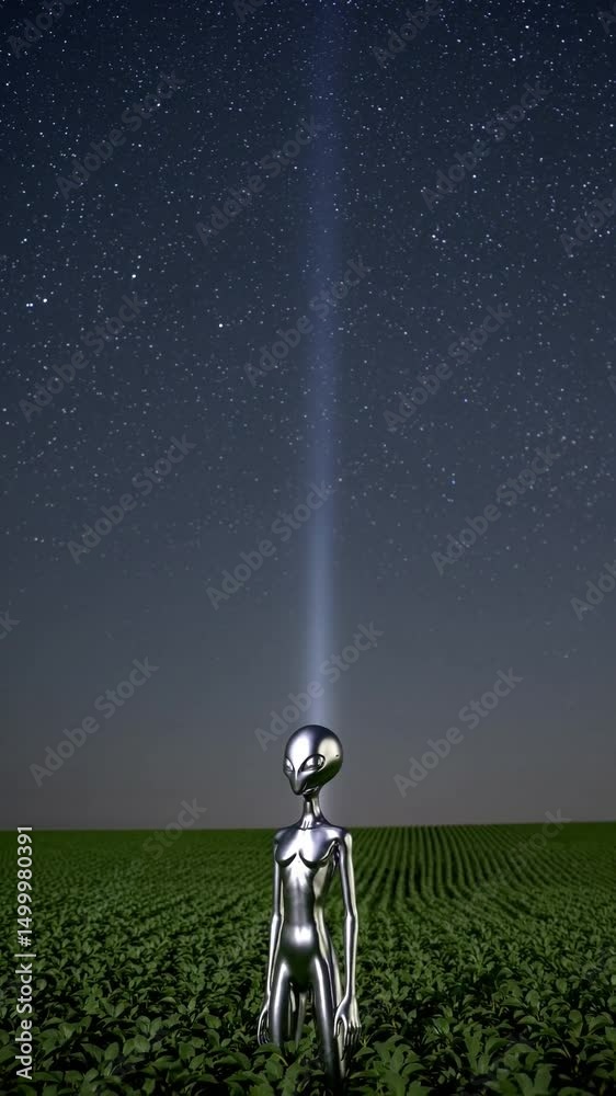 Extraterrestre métallique dans un champ sous un ciel étoilé avec faisceau lumineux

