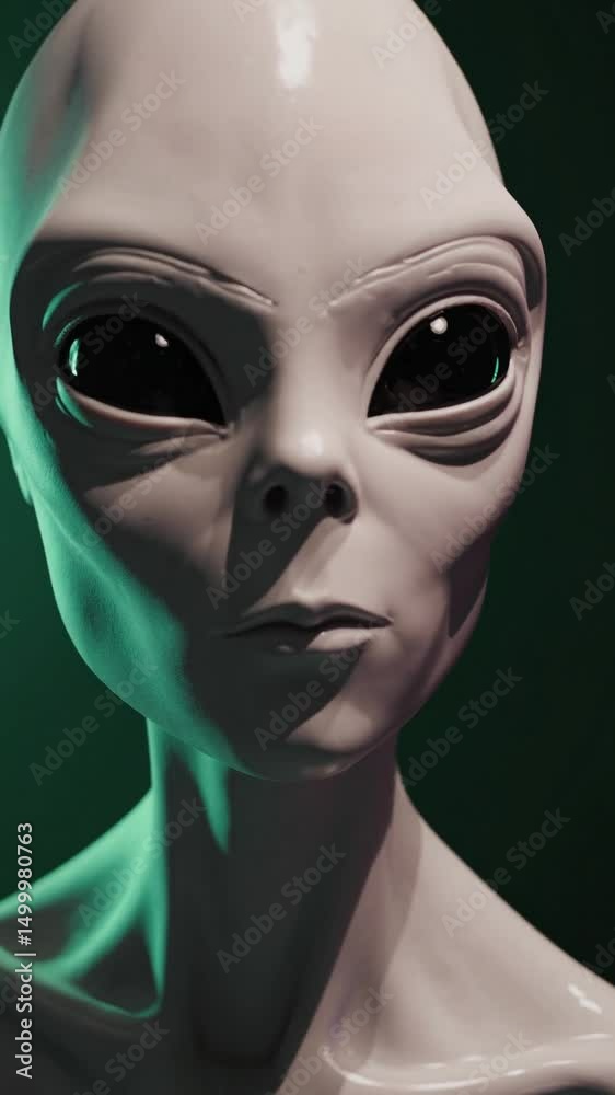 Portrait réaliste d’un extraterrestre aux grands yeux noirs sur fond vert

