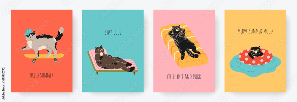 Fototapeta premium Funny cards or posters set of cute cats on summer vacation. Different cat characters floats in inflatable ring, skateboarding, lies on lounger and air mattress. Hand drawn cartoon illustration