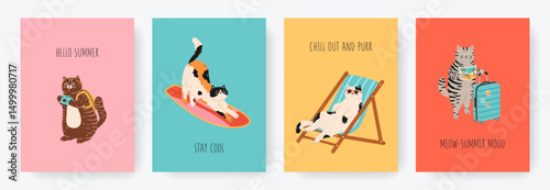 Funny cards or posters set of cute cats on summer vacation. Different cat characters enjoying summer holidays, sitting in chair, surfing, takes pictures, with suitcase. Hand drawn cartoon illustration