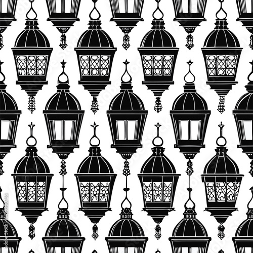 Elegant Black and White Hanging Lantern Seamless Pattern
