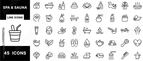 Spa and Sauna Line Icon Set Featuring Wellness, Massage, Aromatherapy, Skincare, Relaxation, Beauty Treatment, and Natural Therapy Elements