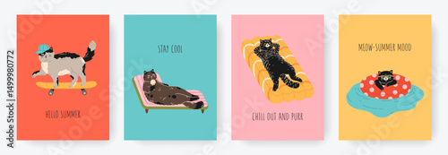 Funny cards or posters set of cute cats on summer vacation. Different cat characters floats in inflatable ring, skateboarding, lies on lounger and air mattress. Hand drawn cartoon illustration